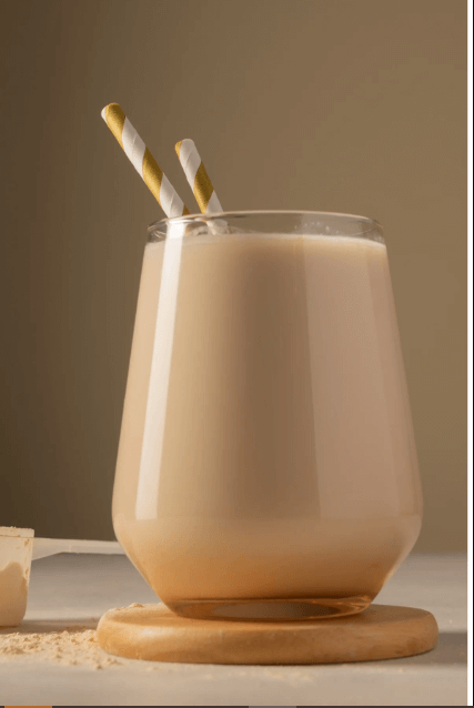Thick iced vanilla protein shake with banana