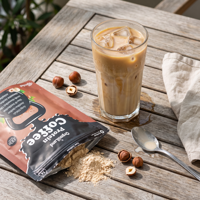 Iced hazelnut protein latte in a glass with milk swirling through it, beside an opened bag of OrganiiLand Hazelnut Protein Coffee
