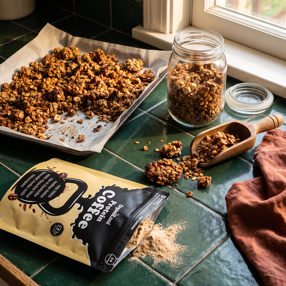 Tray of protein coffee granola clusters cooling beside an opened bag of OrganiiLand Original Protein Coffee