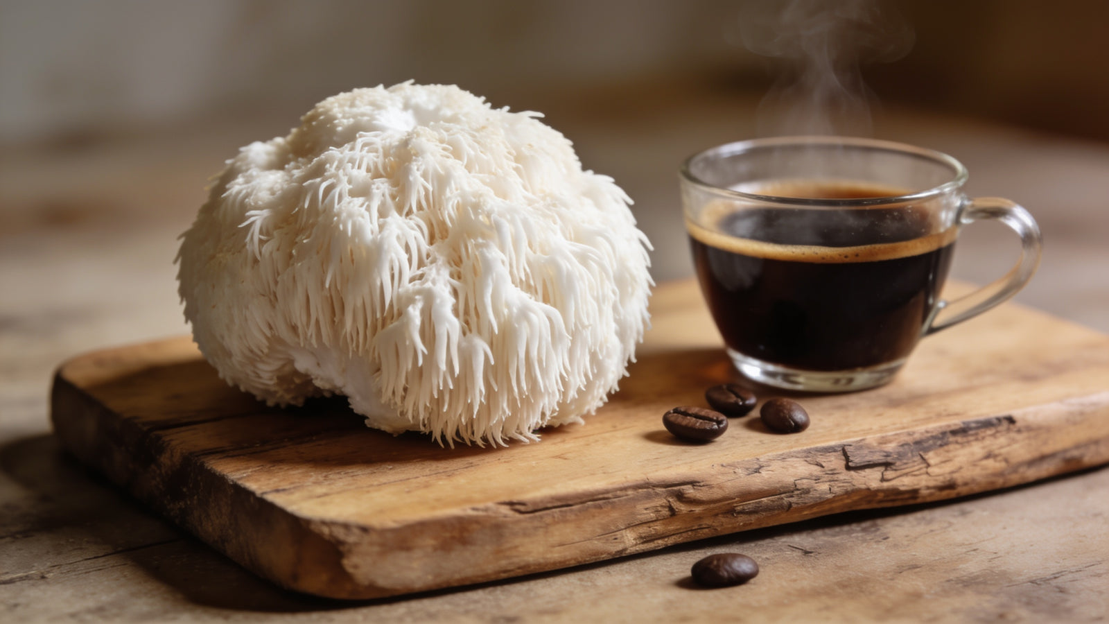 A fresh white lion's mane mushroom on a wooden board beside a glass cup of brewed coffee