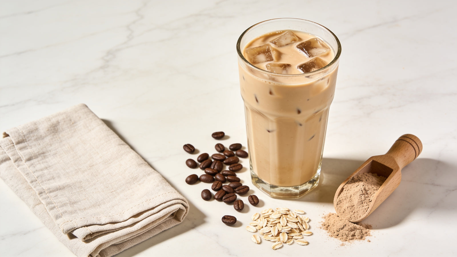 Iced protein coffee flat lay with coffee beans, oats and a scoop of protein powder on marble