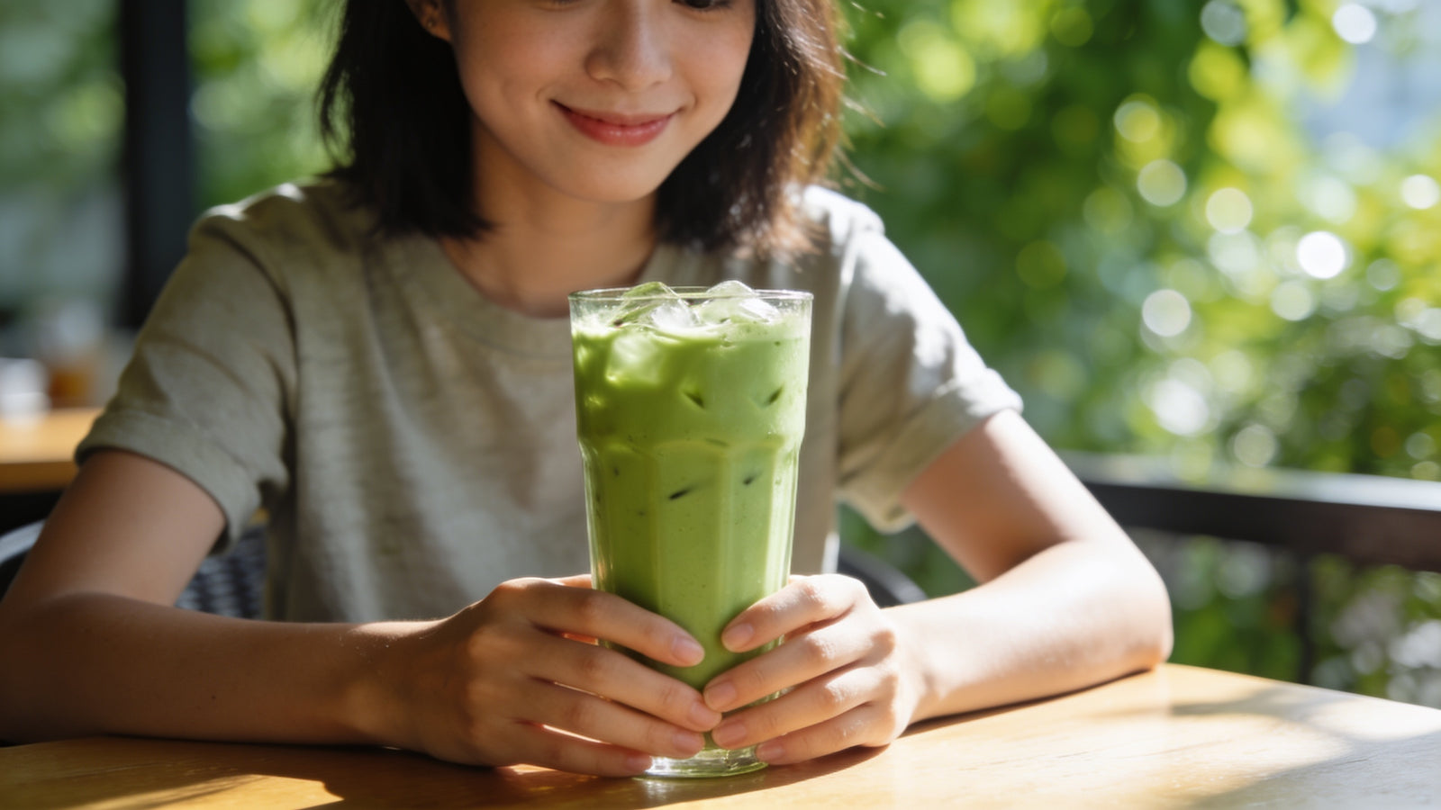 A woman at a sunny outdoor cafe holding a tall glass of iced green matcha latte with both hands