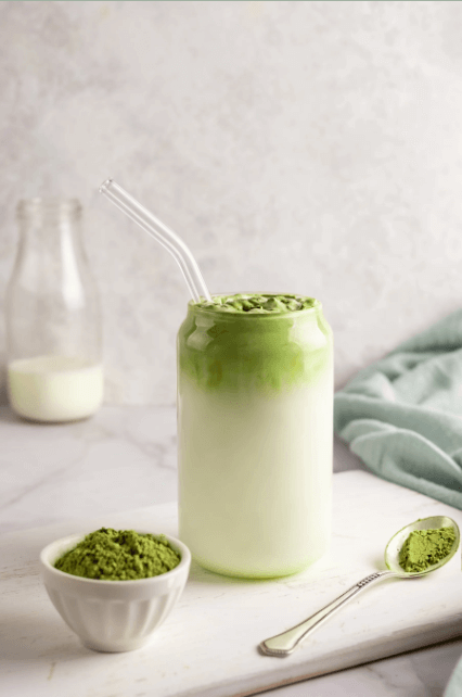 Iced protein matcha latte with vibrant green layers