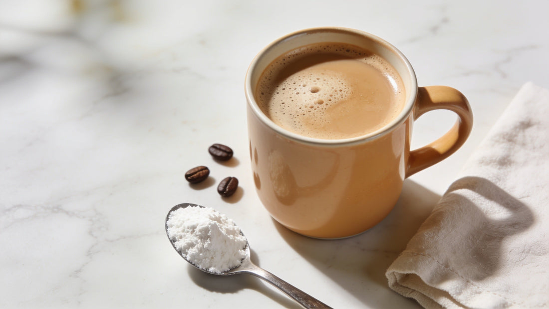 A warm mug of coffee on a marble counter beside a spoon of collagen peptide powder and coffee beans