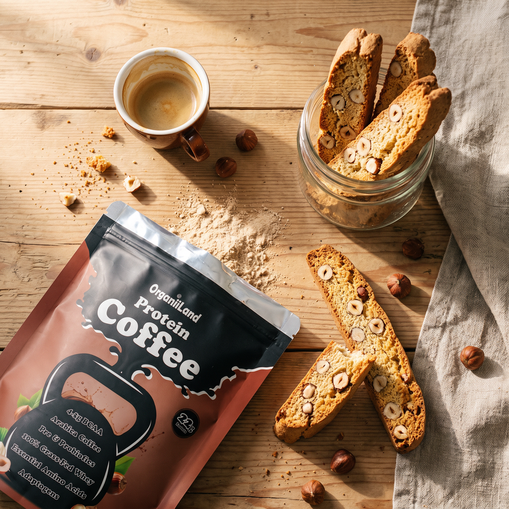Hazelnut protein biscotti stacked on a board beside an opened bag of OrganiiLand Hazelnut Protein Coffee