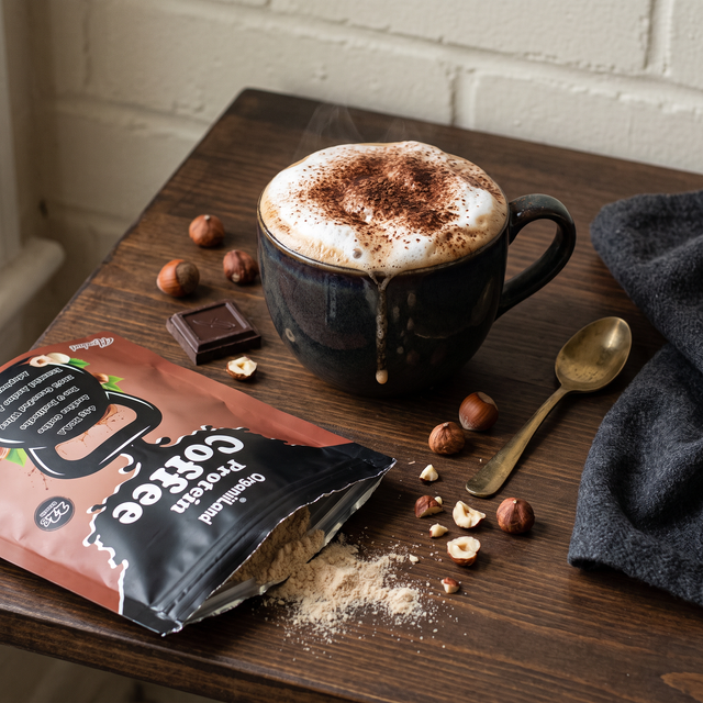 Hot hazelnut protein mocha in a ceramic mug beside an opened bag of OrganiiLand Hazelnut Protein Coffee