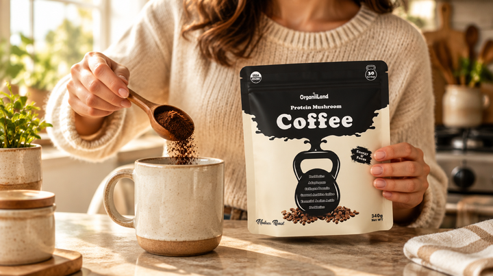 A person scooping OrganiiLand Protein Mushroom Coffee from the bag into a mug in a bright kitchen