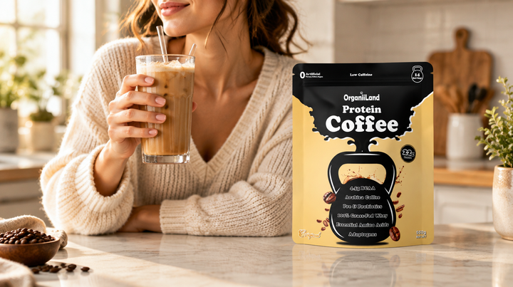 A person holding a tall glass of iced protein coffee with the OrganiiLand Protein Coffee bag on the counter