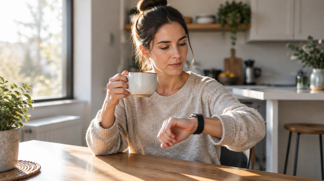 A person glancing at their wristwatch over a morning coffee, deciding whether to break their fast