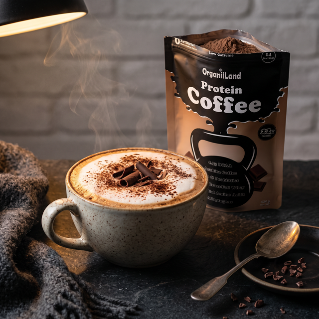 Hot protein mocha in a stoneware mug with cocoa dusting beside an opened OrganiiLand Mocha Protein Coffee bag