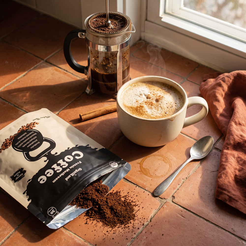 Hot mushroom coffee latte with steamed milk foam and cinnamon on terracotta tile beside an opened OrganiiLand Protein Mushroom Coffee bag