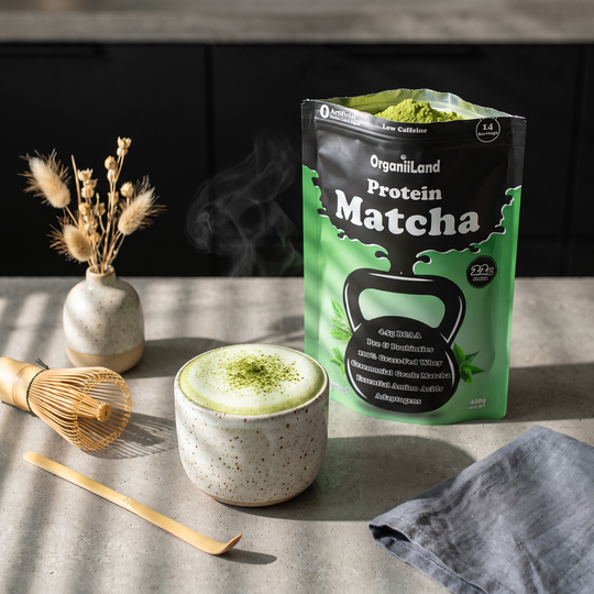 Hot Protein Matcha Latte recipe made with OrganiiLand