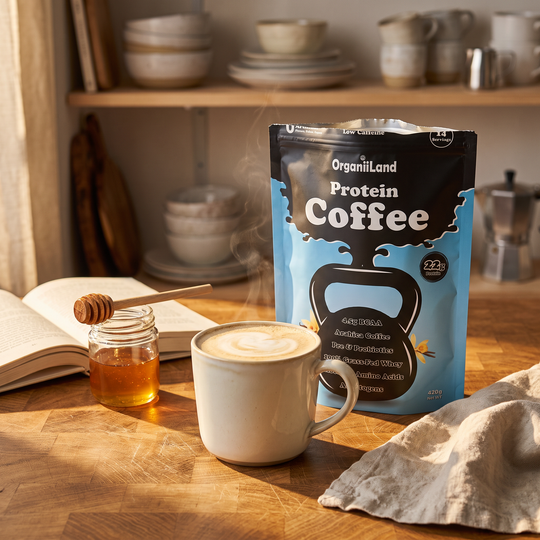 Hot Vanilla Protein Latte recipe made with OrganiiLand