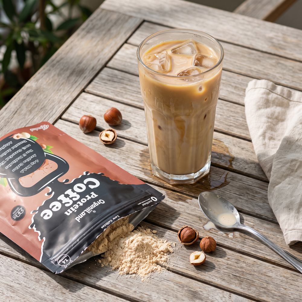 Iced hazelnut protein latte in a glass with milk swirling through it, beside an opened bag of OrganiiLand Hazelnut Protein Coffee