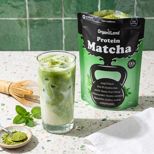 Iced Protein Matcha Latte recipe made with OrganiiLand
