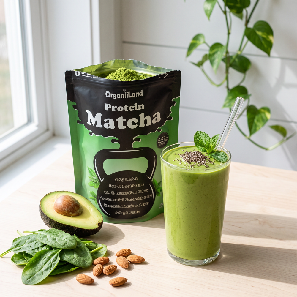 Vivid green matcha protein smoothie on birch wood with avocado and spinach beside an opened OrganiiLand High Protein Matcha bag