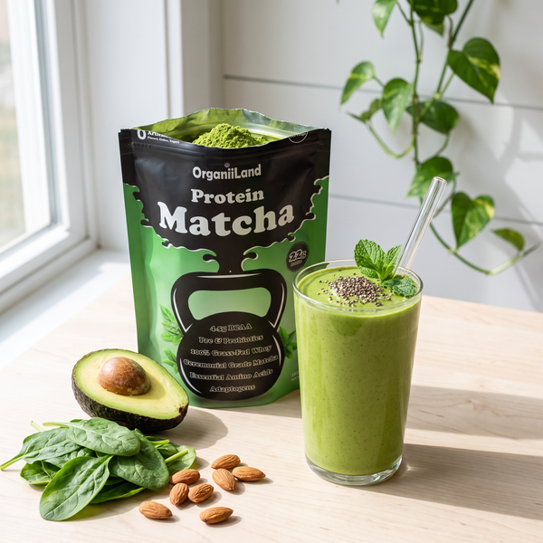 Vivid green matcha protein smoothie on birch wood with avocado and spinach beside an opened OrganiiLand High Protein Matcha bag