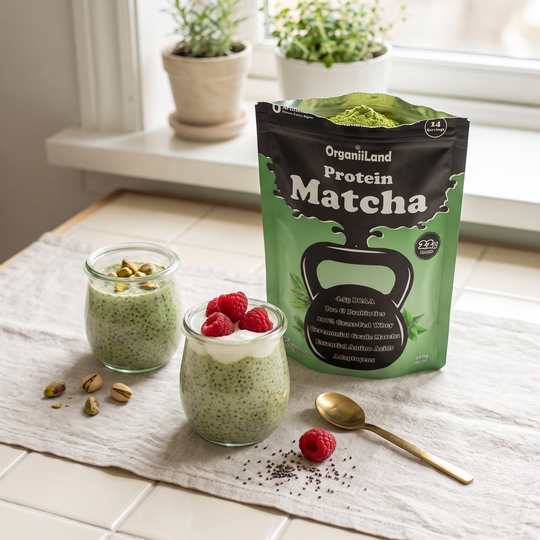 Matcha Protein Chia Pudding recipe made with OrganiiLand