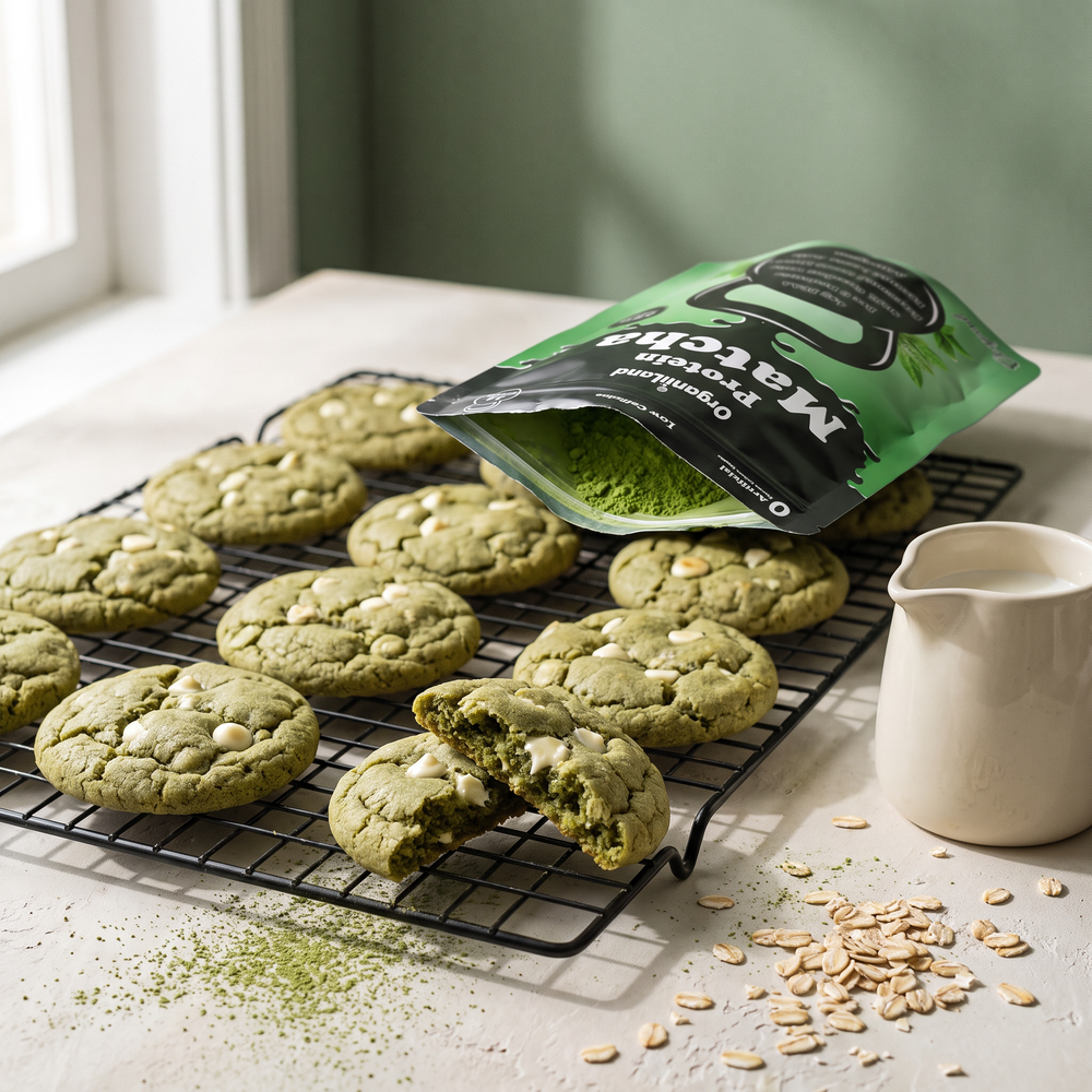 Soft matcha protein cookies cooling on a wire rack beside an opened OrganiiLand High Protein Matcha bag