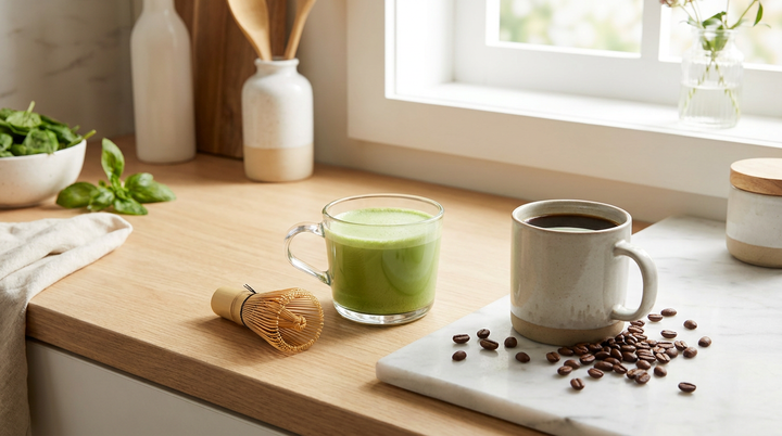 A green matcha latte and a cup of coffee side by side on a bright kitchen counter