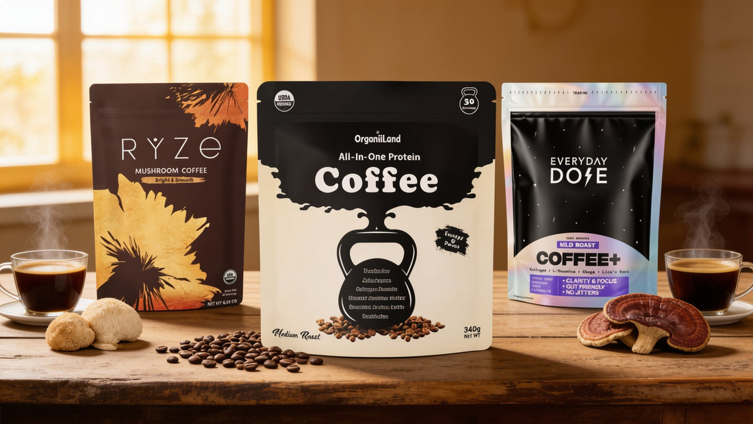 OrganiiLand Protein Mushroom Coffee centered between RYZE and Everyday Dose bags on a wooden table with coffee cups, beans and mushrooms