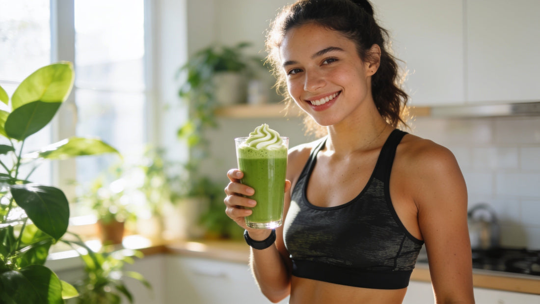 A fit woman in athletic wear in a bright kitchen holding a vibrant green matcha protein latte