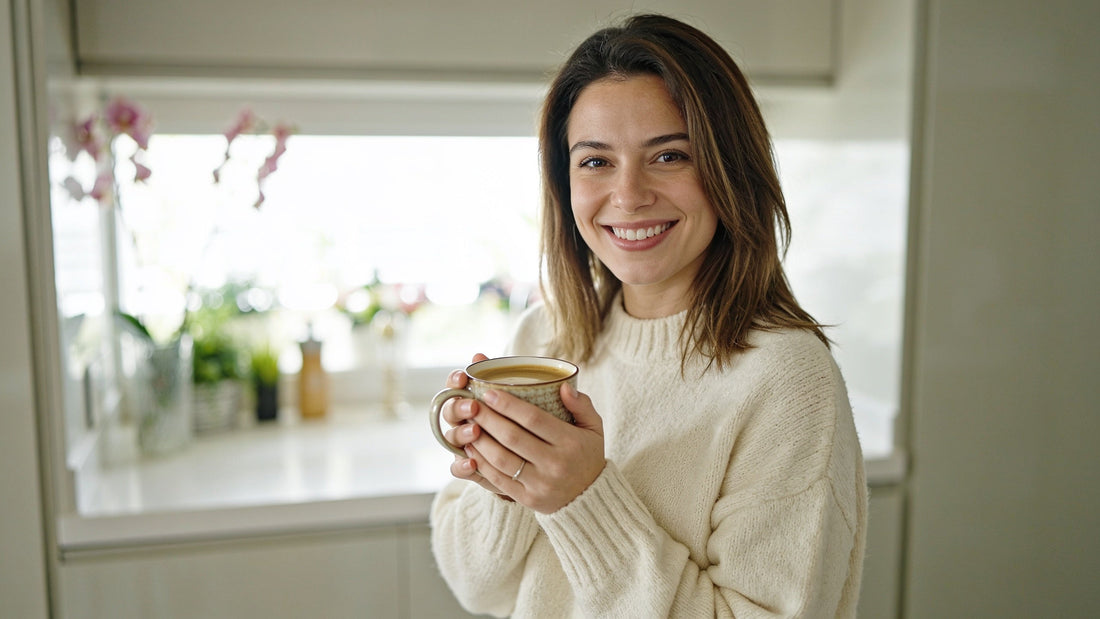 A woman in a bright kitchen holding a warm mug of coffee with a genuine smile