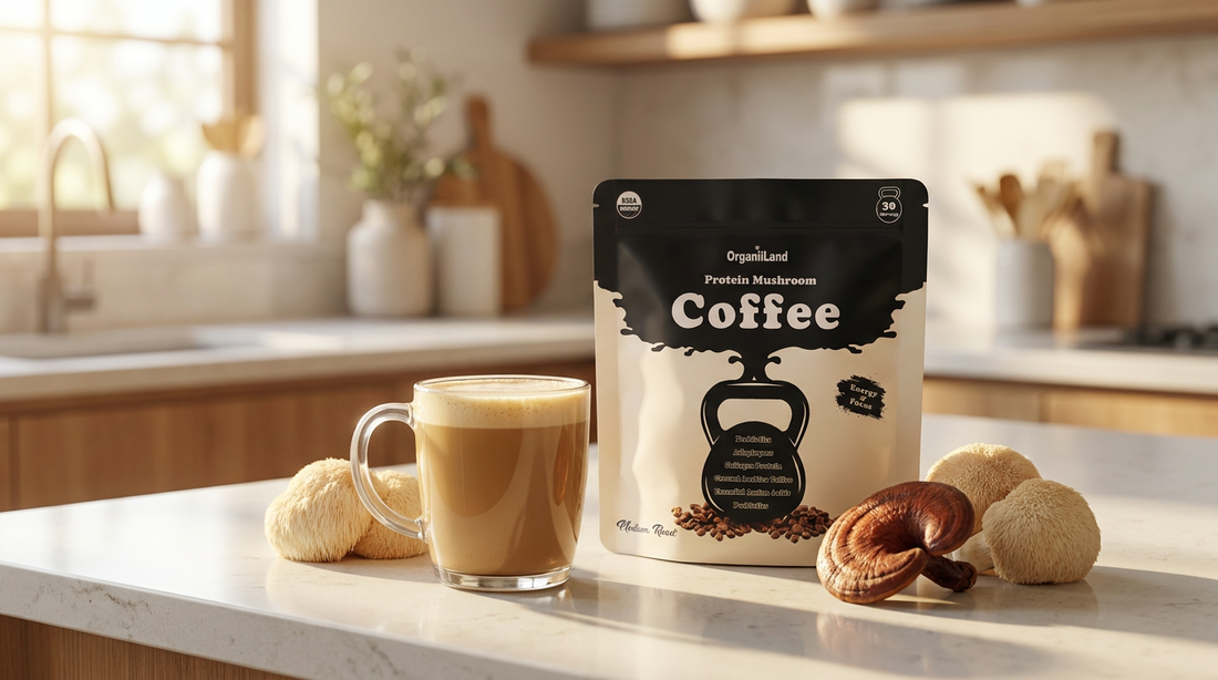 OrganiiLand Protein Mushroom Coffee bag beside a frothy latte and whole lion's mane mushrooms on a bright kitchen counter