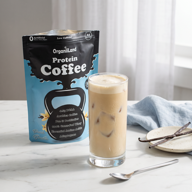 Iced vanilla protein latte in a tall glass on white marble with an opened OrganiiLand French Vanilla Protein Coffee bag