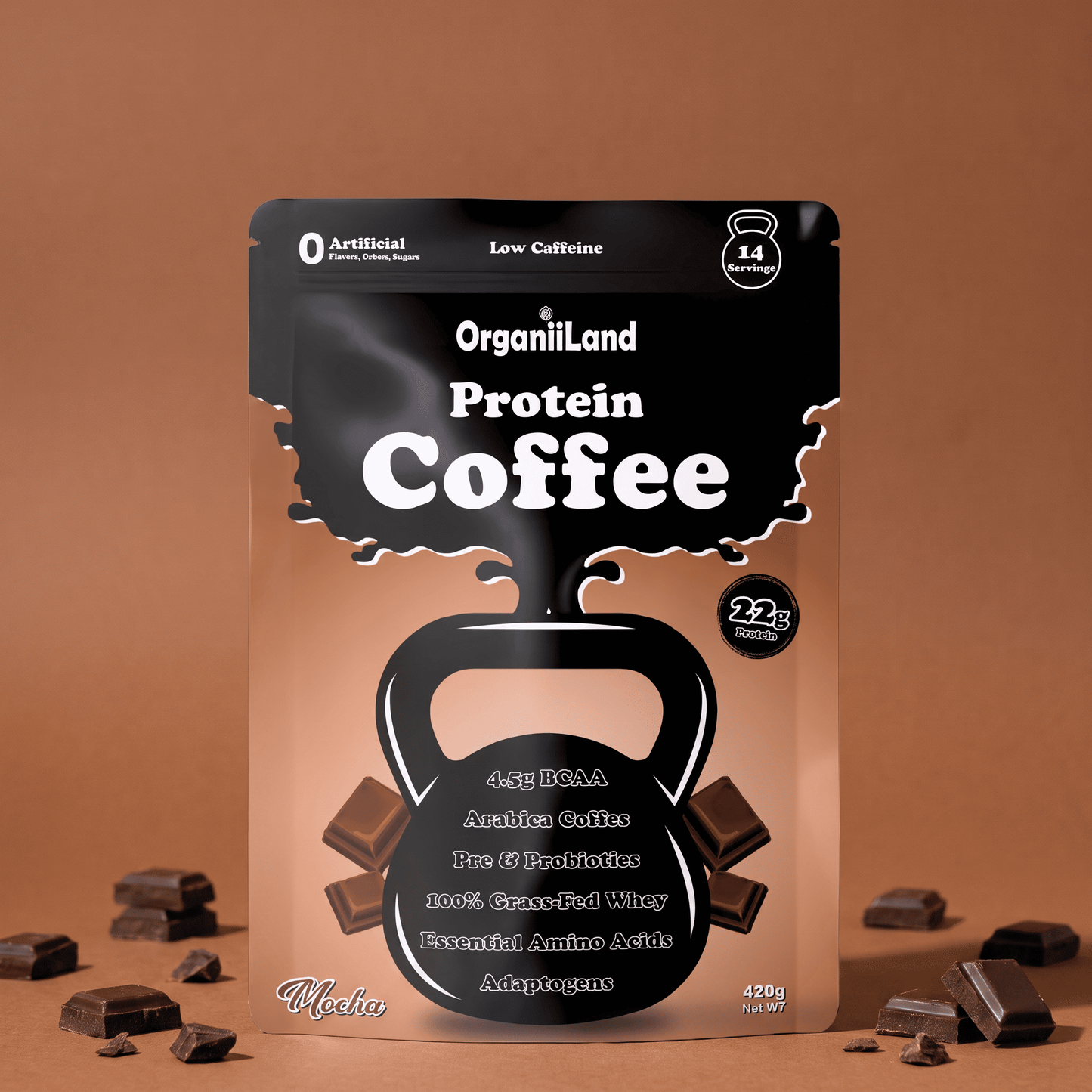 A stand-up pouch of OrganiiLand Protein Coffee in 'Chocolate' flavor, styled on a warm brown background with scattered chocolate pieces. The packaging is black with white text and a kettlebell graphic.