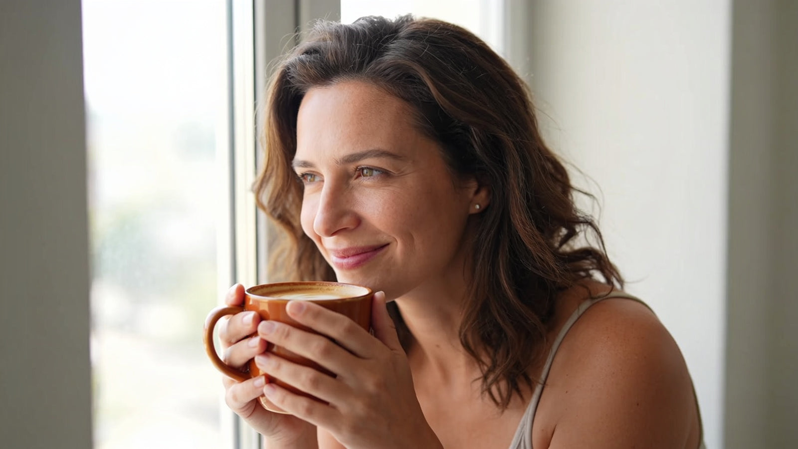 A woman with healthy glowing skin smiling while holding a warm mug of coffee by a bright window