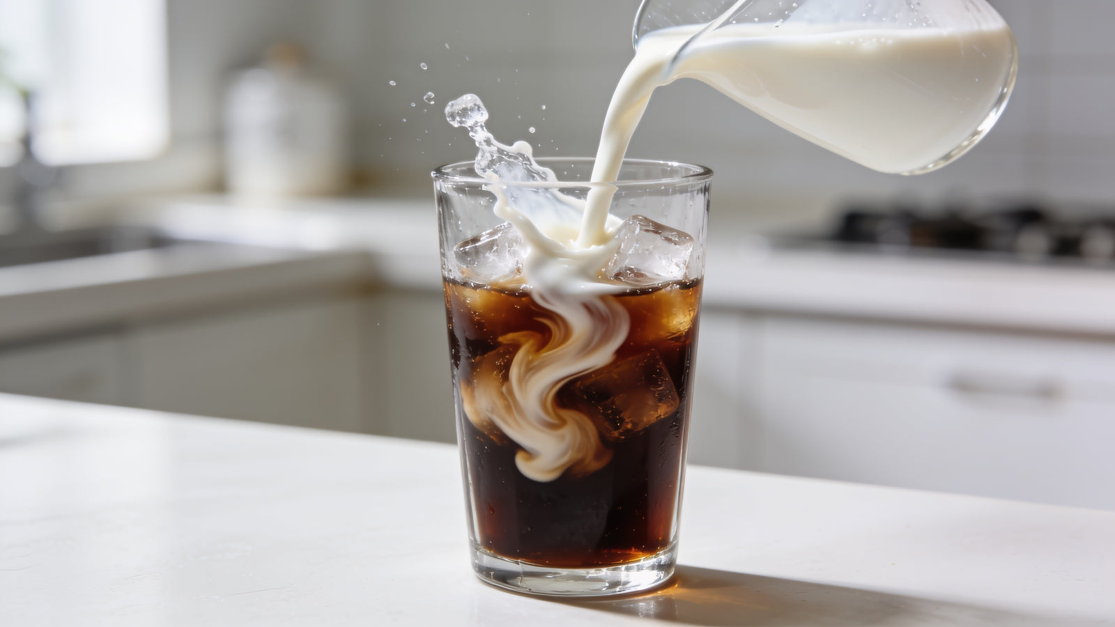 Creamy milk being poured into a tall glass of iced coffee with a swirl and splash