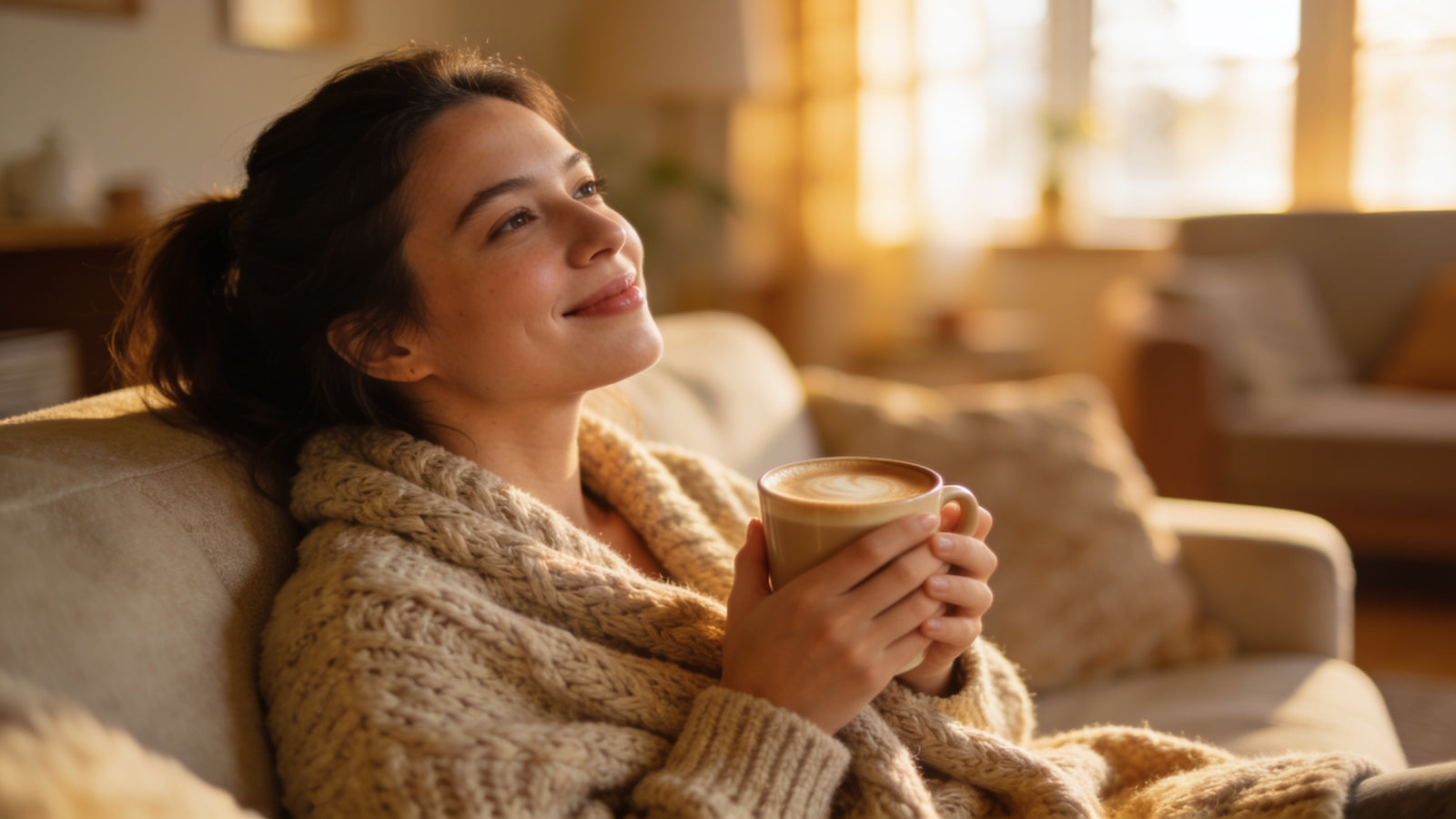 A woman relaxing on a cozy sofa in soft light holding a warm latte with both hands