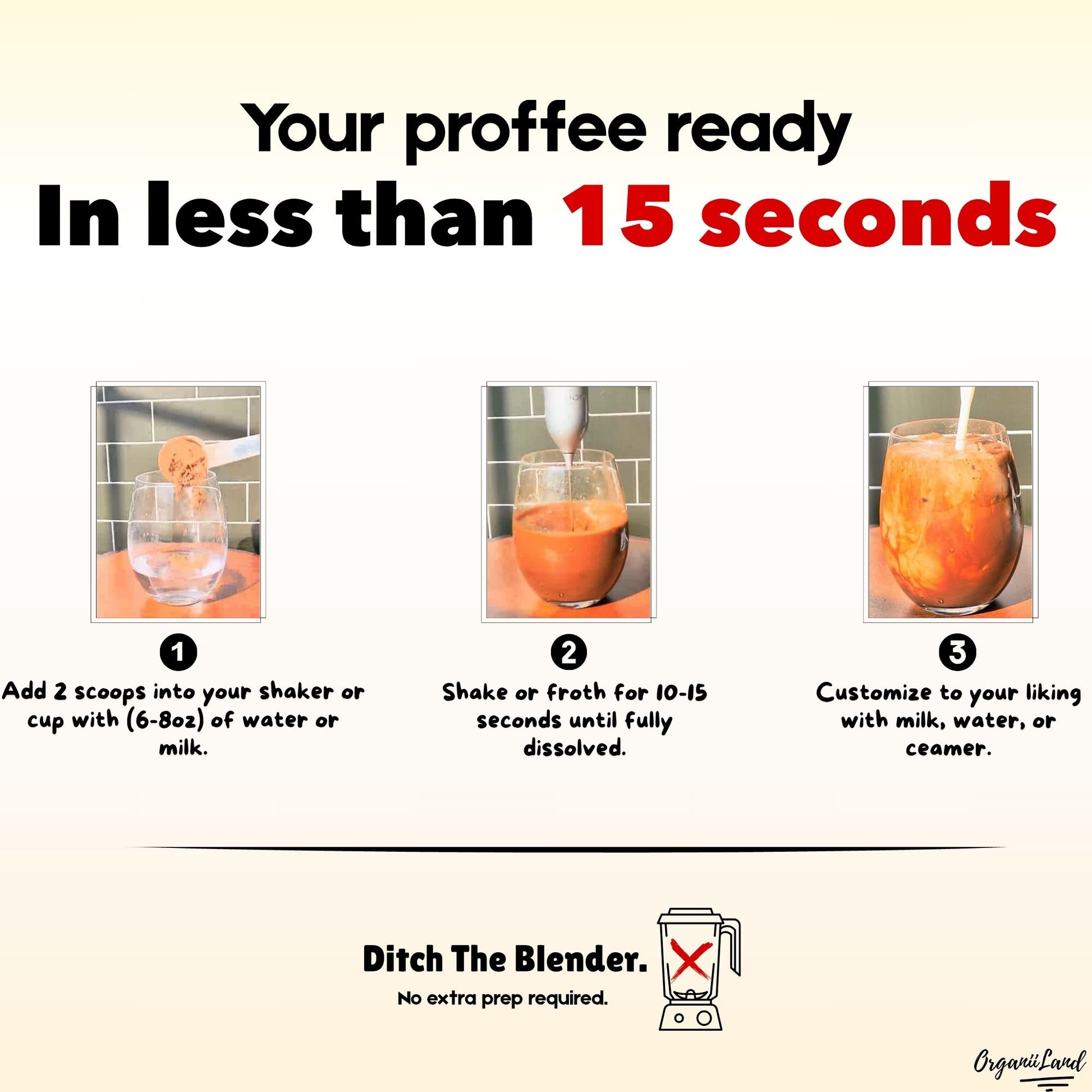 Instructions for making a coffee-like drink in less than 15 seconds with a blender, shown in three steps.