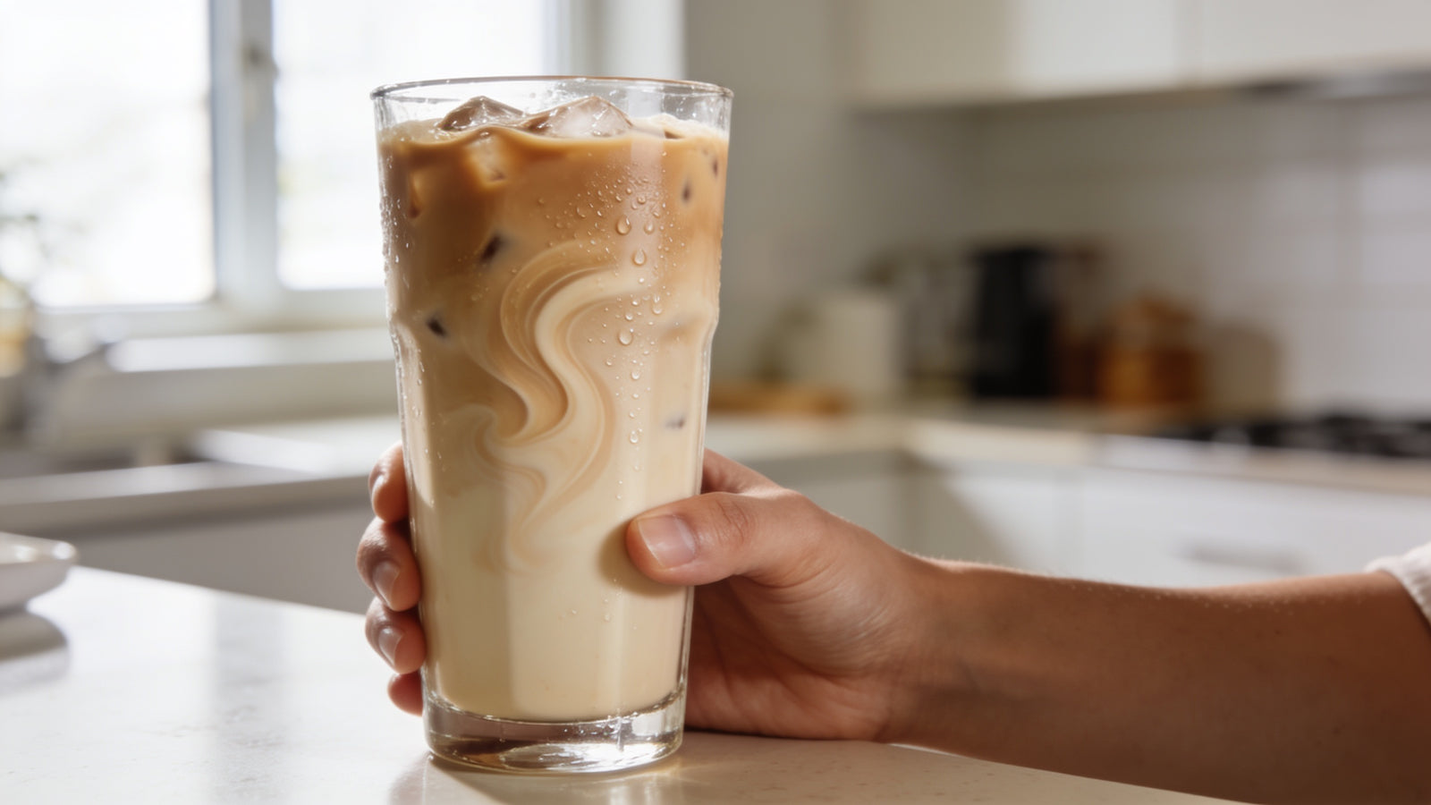 A hand holding a tall glass of creamy iced protein coffee on a bright kitchen counter
