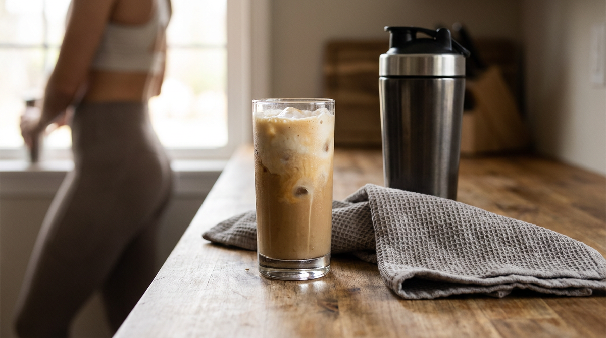 Iced protein coffee with shaker and gym towel for post-workout recovery